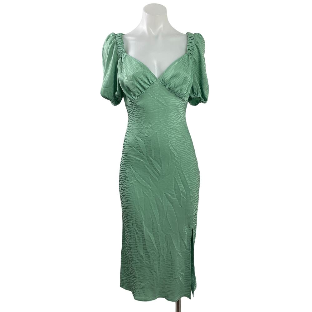 Leith Green Jacquard Short Puff Sleeve Slit Midi Bridesmaid Sheath Dress Size S